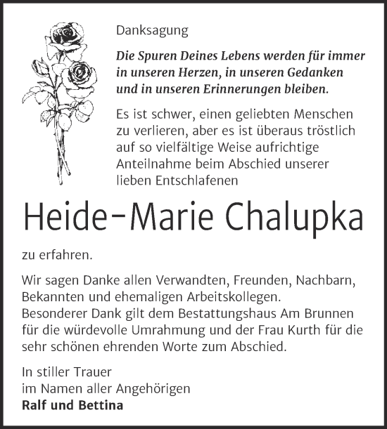 Traueranzeige von Heide-Marie Chalupka von Trauerkombi Mansfelder Land