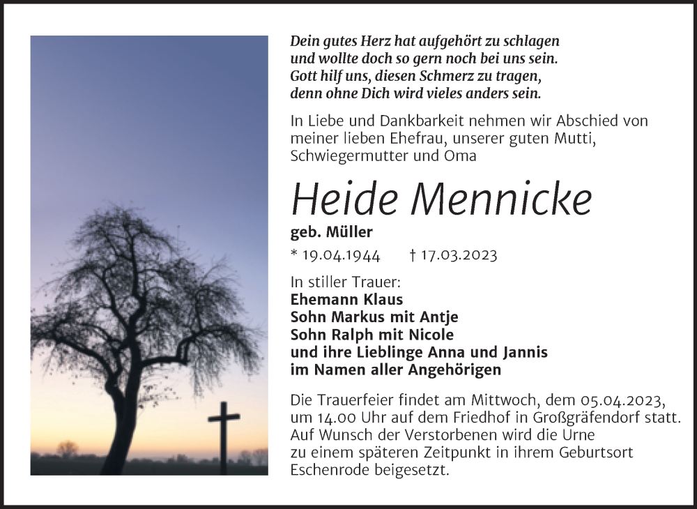  Traueranzeige für Heide Mennicke vom 25.03.2023 aus Trauerkombi Merseburg