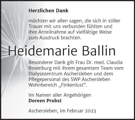 Traueranzeige von Heidemarie Ballin von Trauerkombi Aschersleben