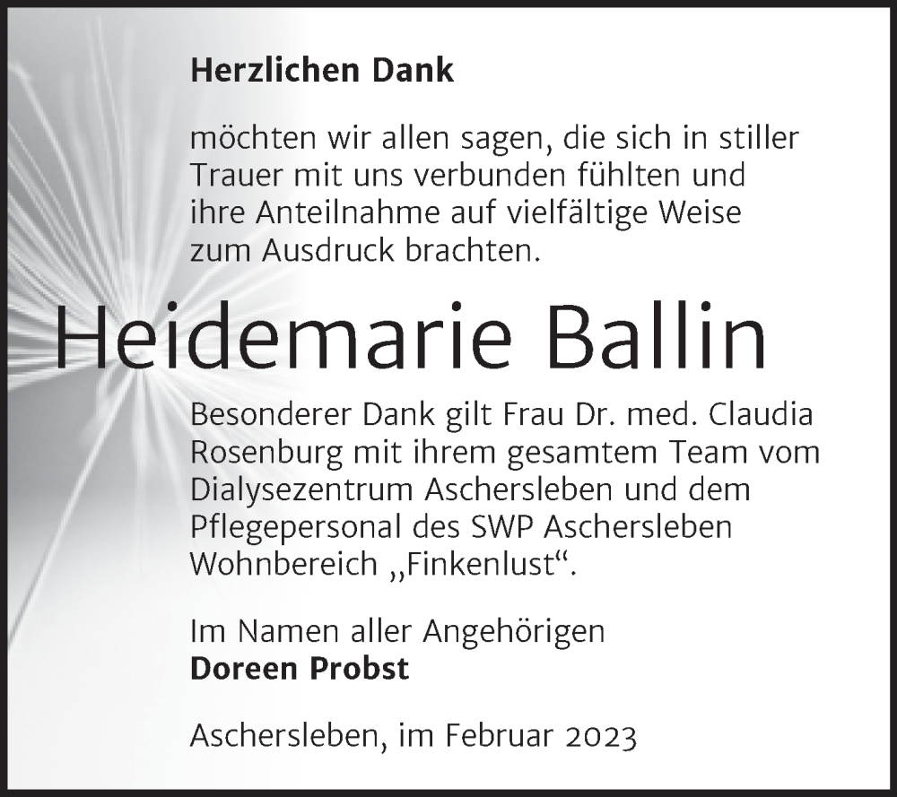  Traueranzeige für Heidemarie Ballin vom 04.03.2023 aus Trauerkombi Aschersleben