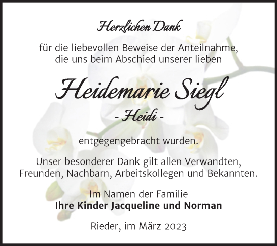 Traueranzeige von Heidemarie Siegl von Trauerkombi Quedlinburg