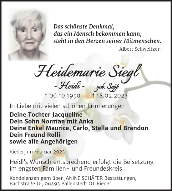 Traueranzeige von Heidemarie Siegl von Trauerkombi Quedlinburg