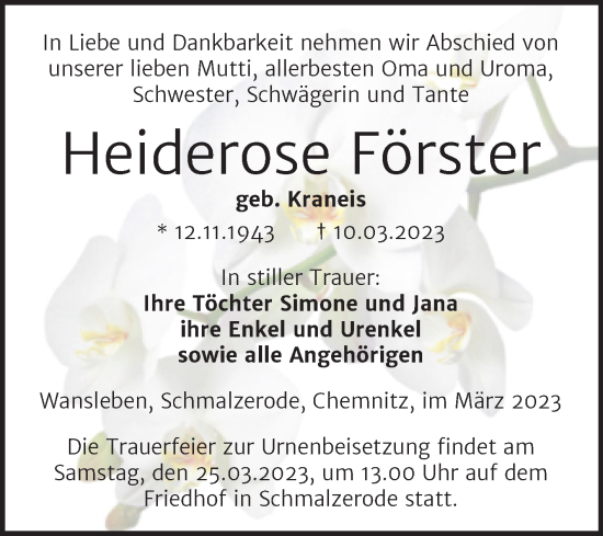 Traueranzeige von Heiderose Förster von Trauerkombi Mansfelder Land