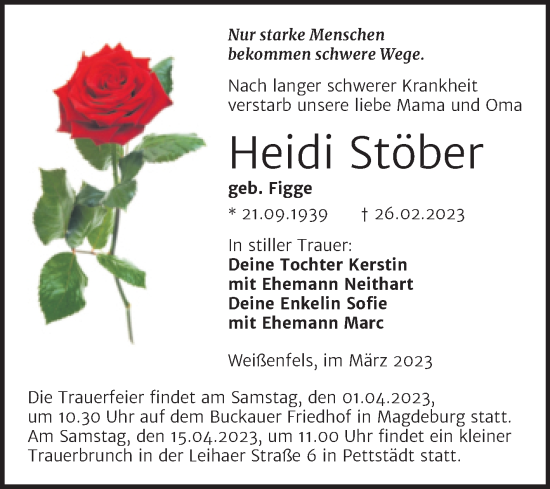 Traueranzeige von Heidi Stöber von Trauerkombi Weißenfels