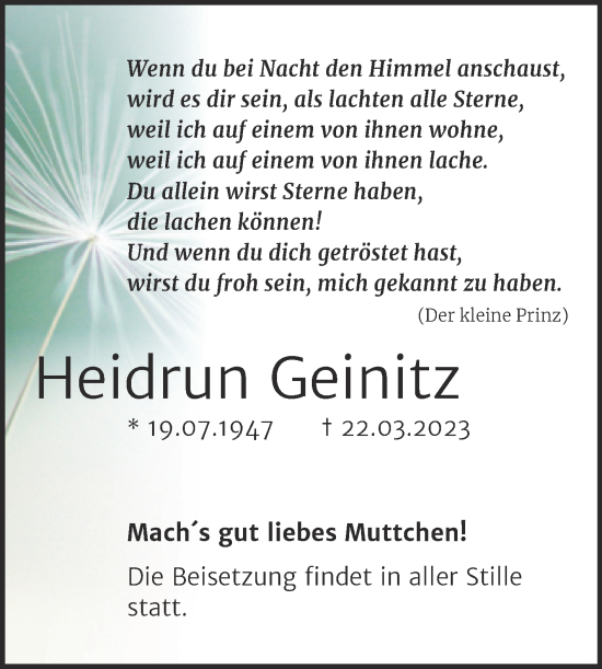 Traueranzeige von Heidrun Geinitz von Mitteldeutsche Zeitung Halle/Saalkreis