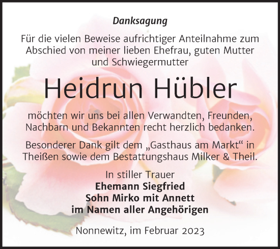 Traueranzeige von Heidrun Hübler von Trauerkombi Zeitz