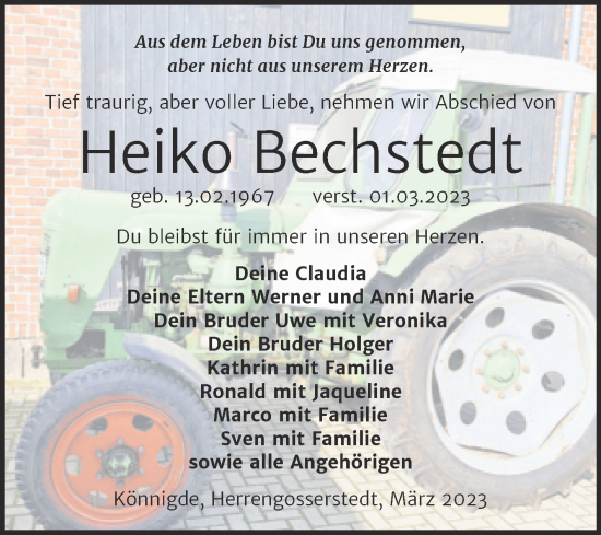 Traueranzeige von Heiko Bechstedt von Wochenspiegel Naumburg/Nebra
