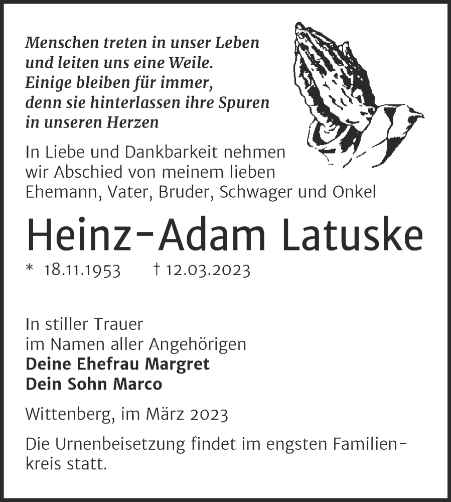  Traueranzeige für Heinz-Adam Latuske vom 18.03.2023 aus Trauerkombi Wittenberg