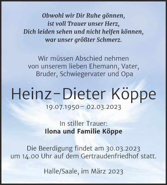 Traueranzeige von Heinz-Dieter Köppe von Mitteldeutsche Zeitung Halle/Saalkreis