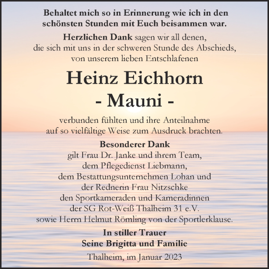Traueranzeige von Heinz Eichhorn von Trauerkombi Bitterfeld