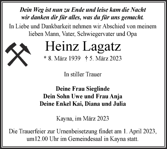 Traueranzeige von Heinz Lagatz von Trauerkombi Zeitz