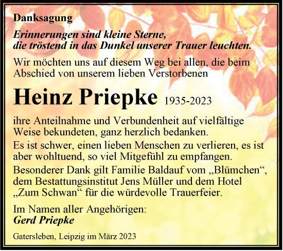 Traueranzeige von Heinz Priepke von Trauerkombi Aschersleben