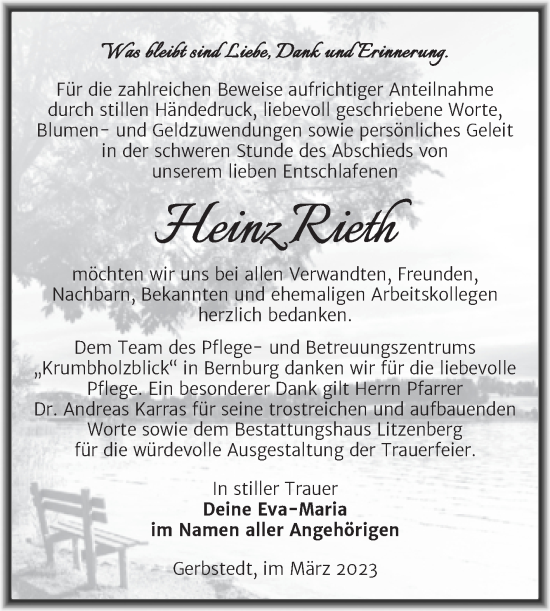 Traueranzeige von Heinz Rieth von Trauerkombi Mansfelder Land