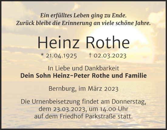Traueranzeige von Heinz Rothe von Trauerkombi Bernburg