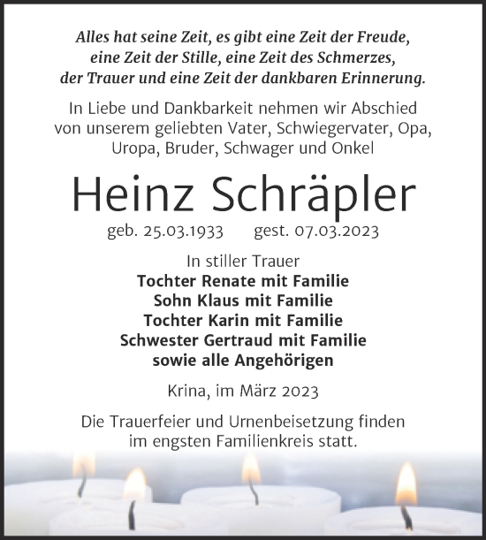 Traueranzeige von Heinz Schräpler von Trauerkombi Bitterfeld