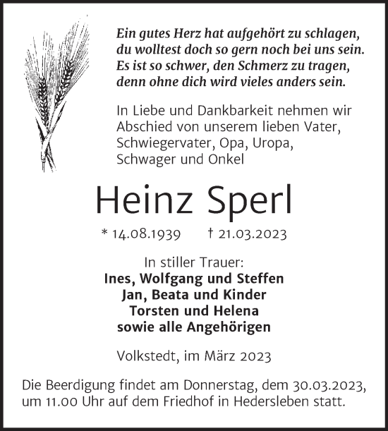 Traueranzeige von Heinz Sperl von Trauerkombi Mansfelder Land
