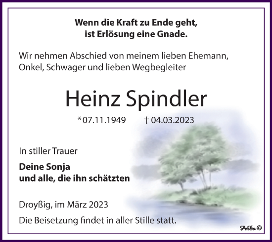 Traueranzeige von Heinz Spindler von Trauerkombi Zeitz