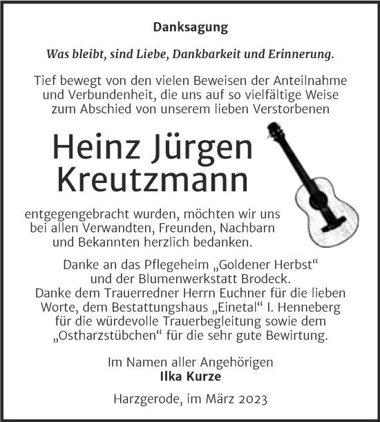 Traueranzeige von Heinz Jürgen Kreutzmann von Super Sonntag Quedlingburg