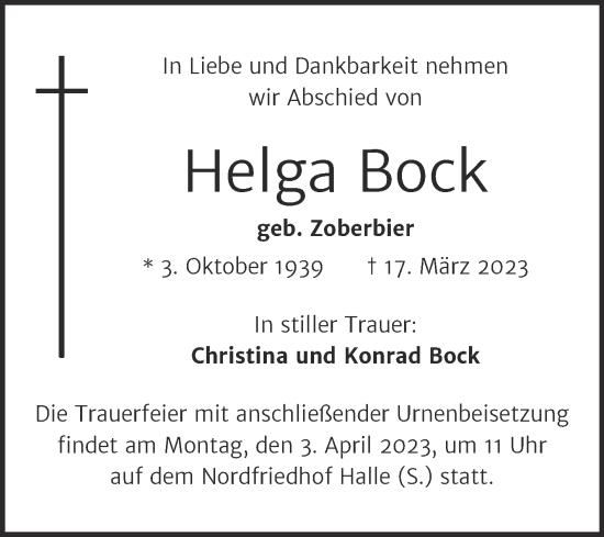 Traueranzeige von Helga Bock von Mitteldeutsche Zeitung Halle/Saalkreis