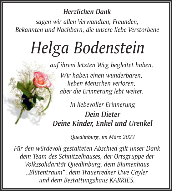 Traueranzeige von Helga Bodenstein von Trauerkombi Quedlinburg