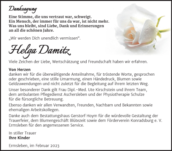 Traueranzeige von Helga Damitz von Trauerkombi Quedlinburg