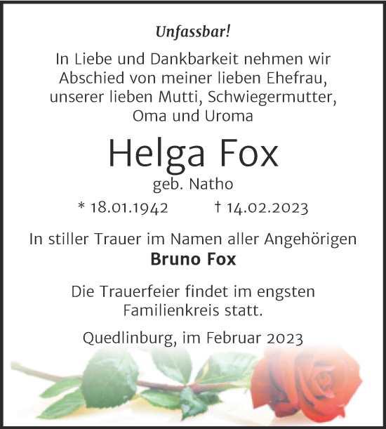 Traueranzeige von Helga Fox von Mitteldeutsche Zeitung Quedlingburg