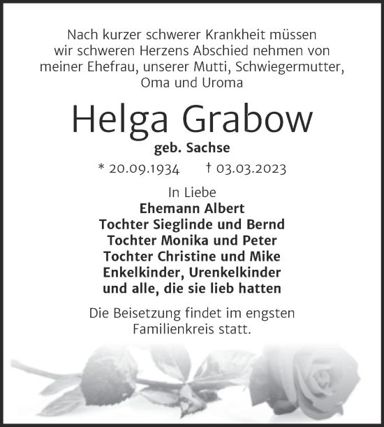 Traueranzeige von Helga Grabow von Trauerkombi Bernburg