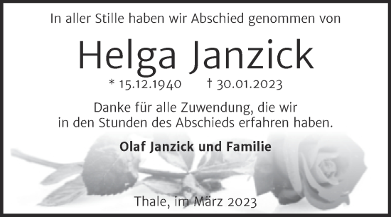 Traueranzeige von Helga Janzick von Trauerkombi Quedlinburg