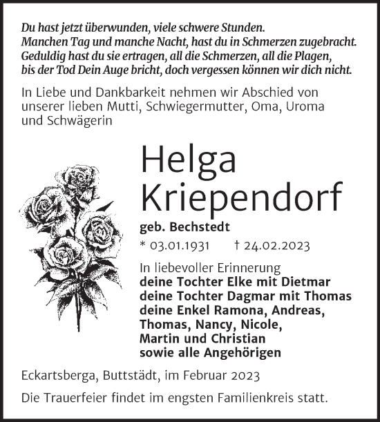 Traueranzeige von Helga Kriependorf von Wochenspiegel Naumburg/Nebra