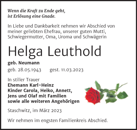 Traueranzeige von Helga Leuthold von Trauerkombi Zeitz
