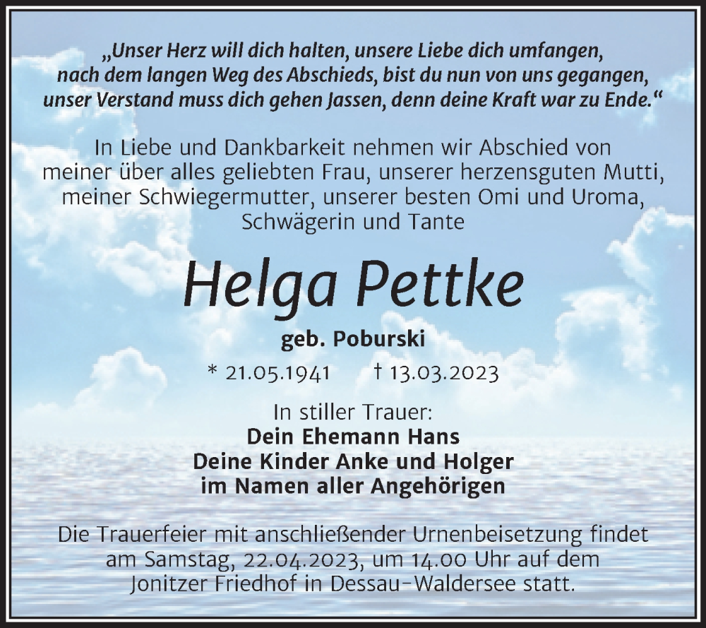  Traueranzeige für Helga Pettke vom 25.03.2023 aus Trauerkombi Dessau