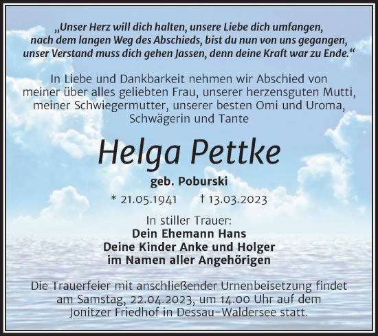Traueranzeige von Helga Pettke von Trauerkombi Dessau