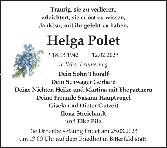 Traueranzeige von Helga Polet von Trauerkombi Bitterfeld