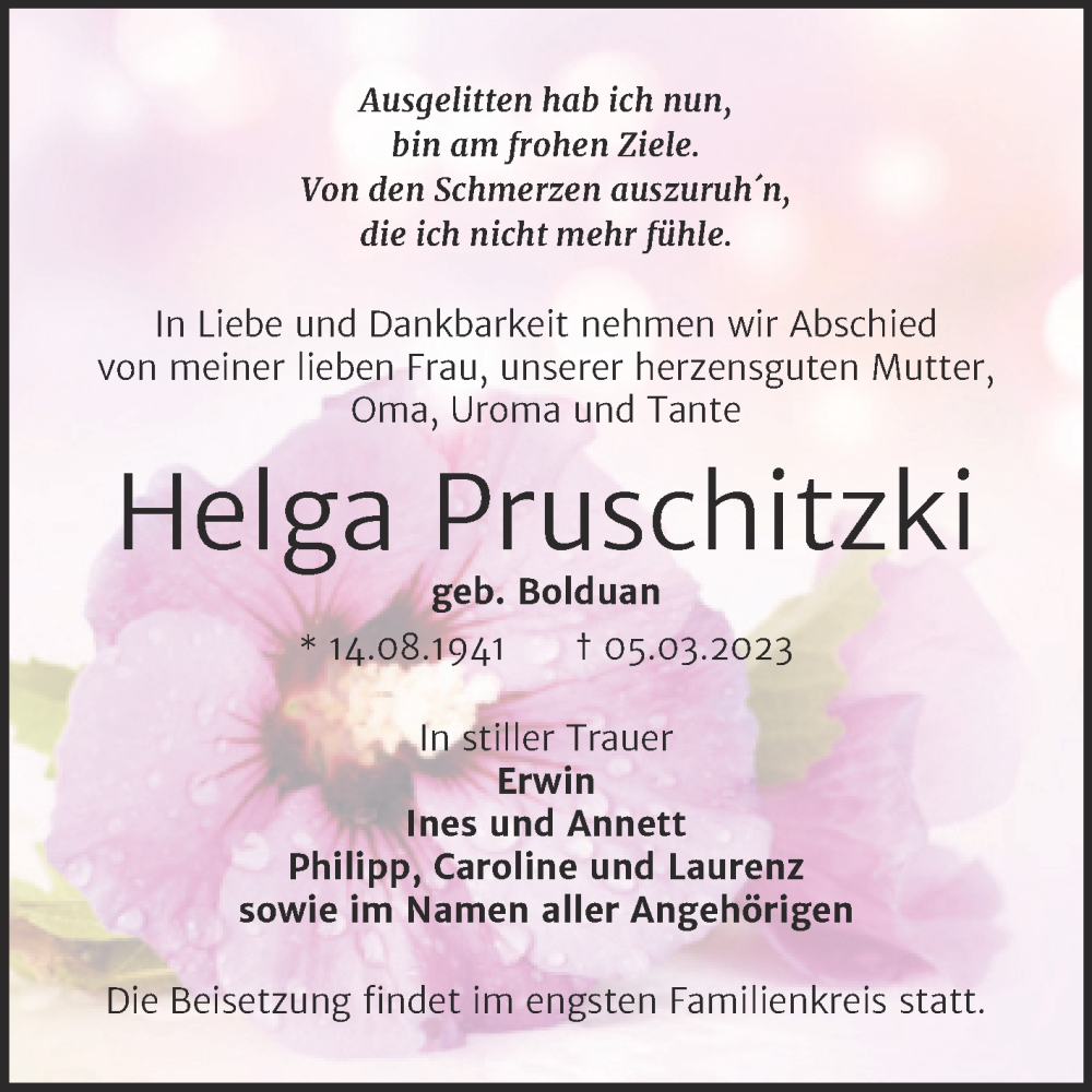  Traueranzeige für Helga Pruschitzki vom 11.03.2023 aus Trauerkombi Wittenberg