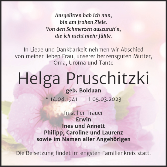 Traueranzeige von Helga Pruschitzki von Trauerkombi Wittenberg