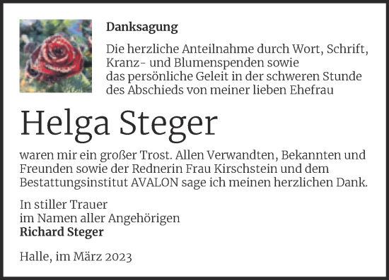 Traueranzeige von Helga Steger von Mitteldeutsche Zeitung Halle/Saalkreis