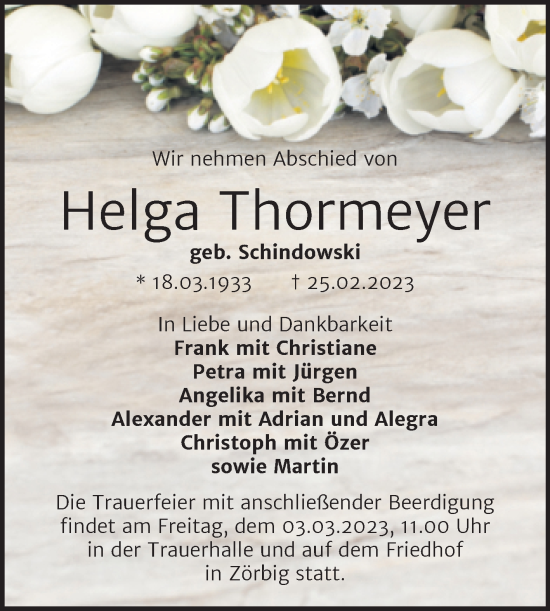 Traueranzeige von Helga Thormeyer von Mitteldeutsche Zeitung Bitterfeld