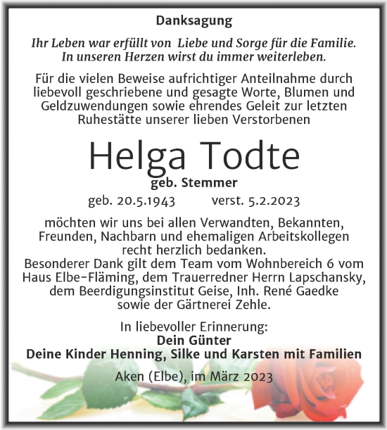 Traueranzeige von Helga Todte von Trauerkombi Köthen