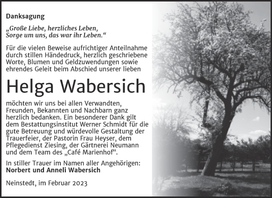 Traueranzeige von Helga Wabersich von Trauerkombi Quedlinburg