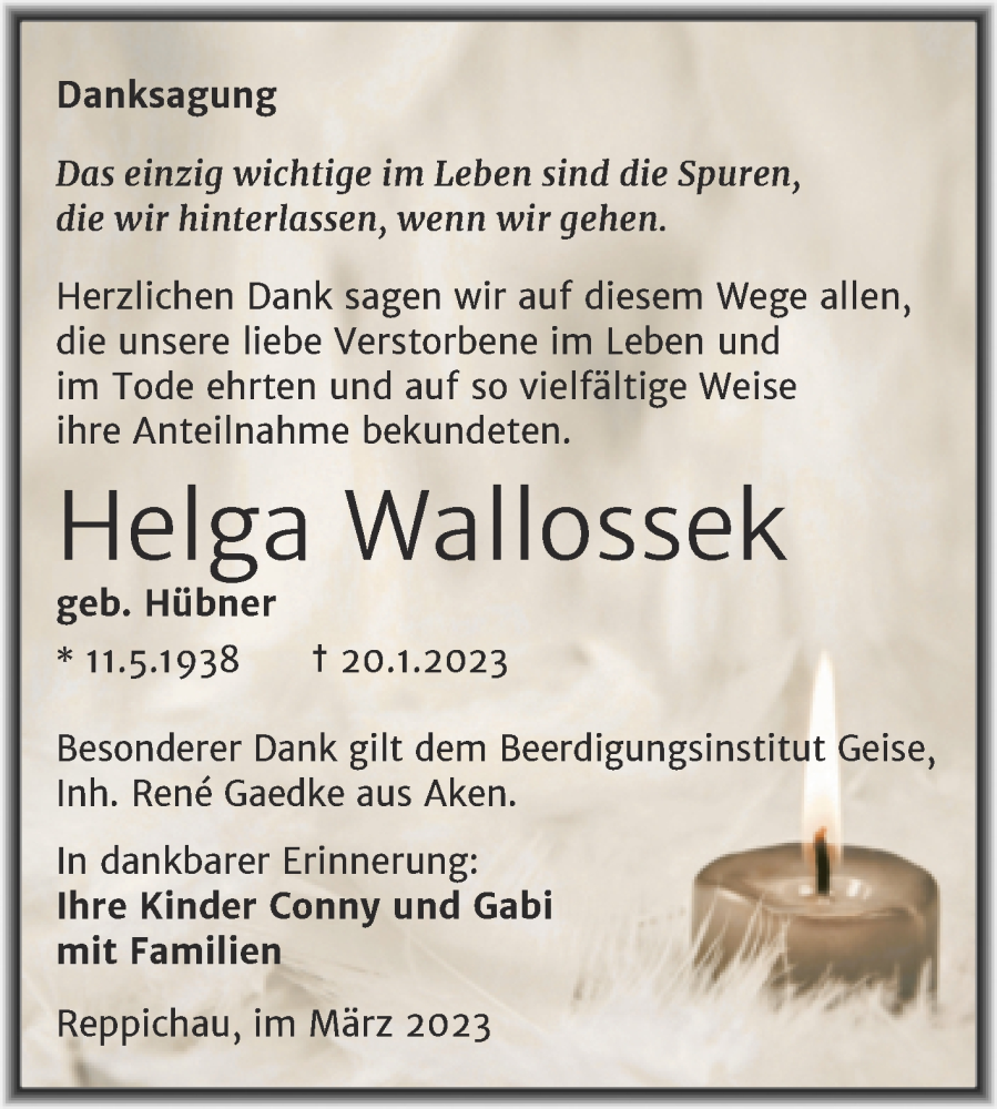  Traueranzeige für Helga Wallossek vom 11.03.2023 aus Trauerkombi Köthen