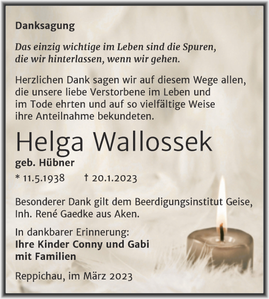 Traueranzeige von Helga Wallossek von Trauerkombi Köthen
