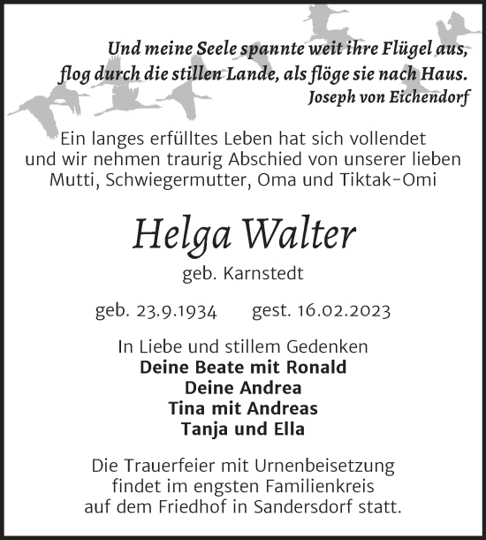Traueranzeige von Helga Walter von Trauerkombi Bitterfeld