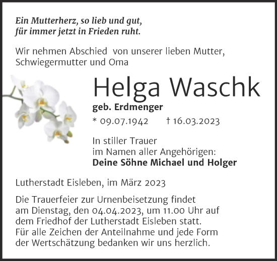 Traueranzeige von Helga Waschk von Trauerkombi Mansfelder Land