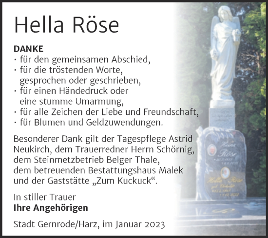 Traueranzeige von Hella Röse von Trauerkombi Quedlinburg