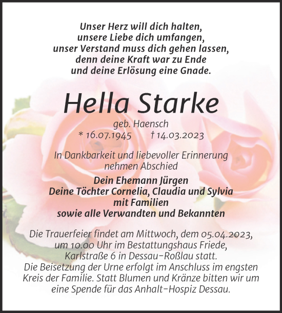Traueranzeige von Hella Starke von Trauerkombi Dessau