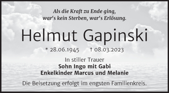 Traueranzeige von Helmut Gapinski von Trauerkombi Bernburg
