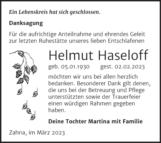 Traueranzeige von Helmut Haseloff von Trauerkombi Wittenberg