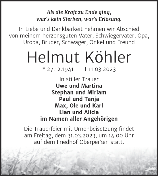 Traueranzeige von Helmut Köhler von Trauerkombi Bernburg