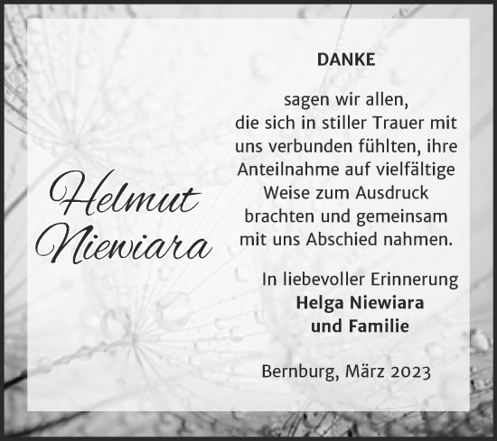 Traueranzeige von Helmut Niewiara von Trauerkombi Bernburg