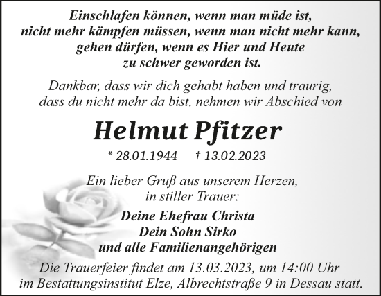 Traueranzeige von Helmut Pfitzer von Trauerkombi Dessau